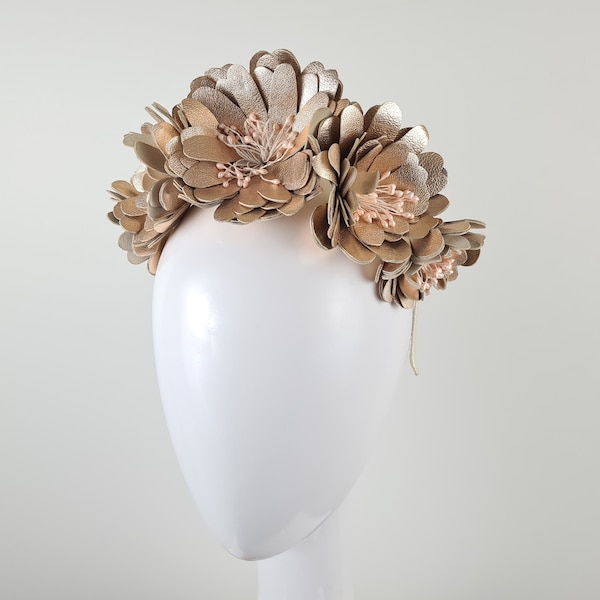Rose Gold Fascinator Crown for Weddings and Race Day, Ascot Crown, Derby Fascinator, Melbourne Cup Rose Gold Floral Headpiece  - Zinnia