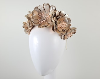 Rose Gold Fascinator Crown for Weddings and Race Day, Ascot Crown, Derby Fascinator, Melbourne Cup Rose Gold Floral Headpiece  - Zinnia