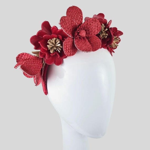 GRETA Red Rose Gold Leather Fascinator Floral Crown Headband Winter  Races Millinery Embellished Headpiece