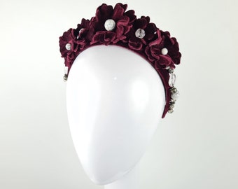 Red Velvet Crown, Velvet Fascinator, Embellished Red Headband, Winter Headband, Dark Red Millinery, Wine Red Fascinator - Elena