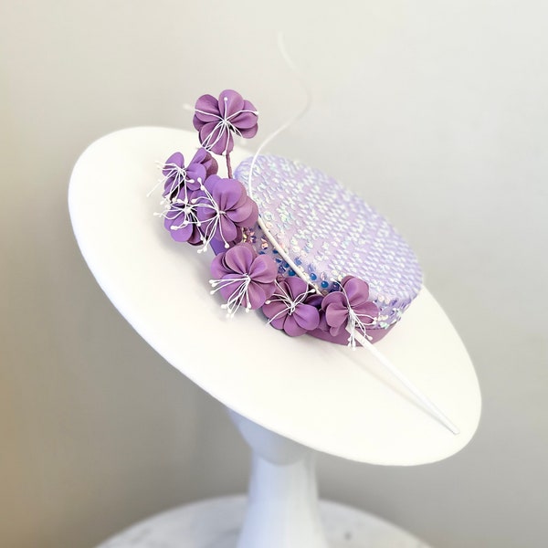 Ladies White and Lilac Purple Nappa Leather Boater Hat Millinery for Weddings, Races, Special Events - Blair