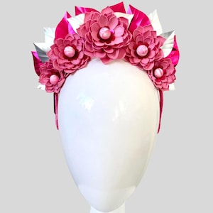 ELIZA Metallic Pink Flower Headband Fascinator | Silver Leaf Millinery | Weddings & Race Day Headpiece
