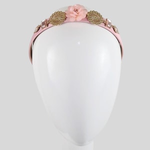 Julieta Pink Satin Headband | Embellished Headpiece with Gold Accents | Wedding & Races Millinery