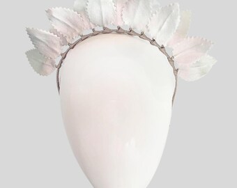 ANNETTE Silver Vegan Leather Leaf Headband Fascinator | Beaded Millinery | Wedding & Race Day Headpiece