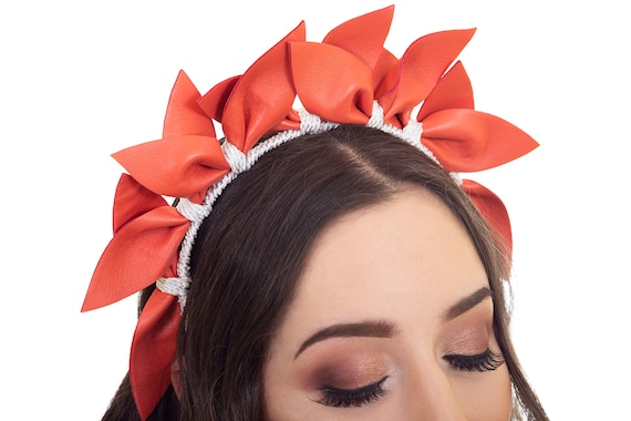 MIRANDA Orange White Leather Headband Fascinator Mandarin Crown for  Races Casual Millinery Headpiece