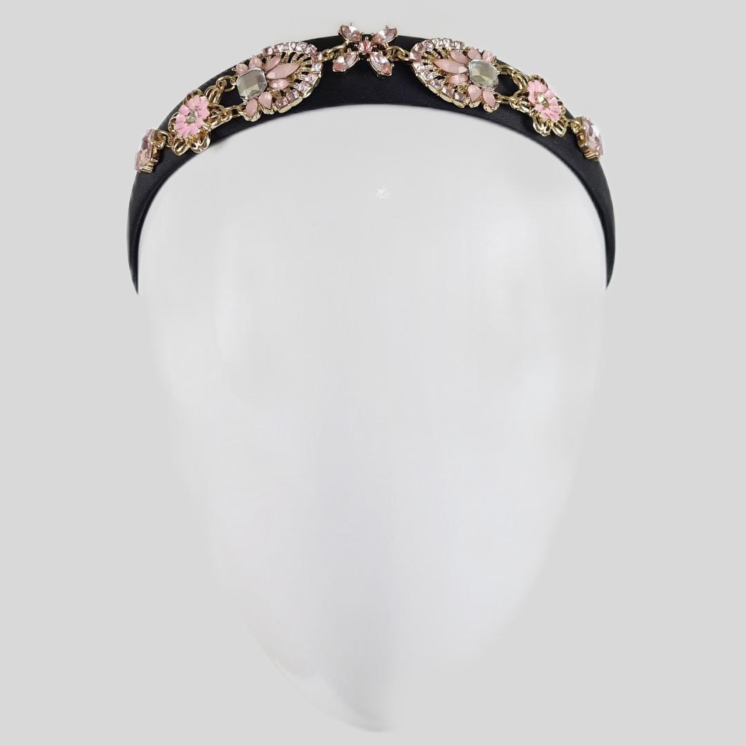 JULIETA Black Satin Embellished Headband | Pink & Gold  display picture 3