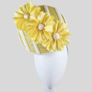 Lemon Yellow Sinamay Percher Hat: White Braid & Daisy Fascinator, Handmade Millinery