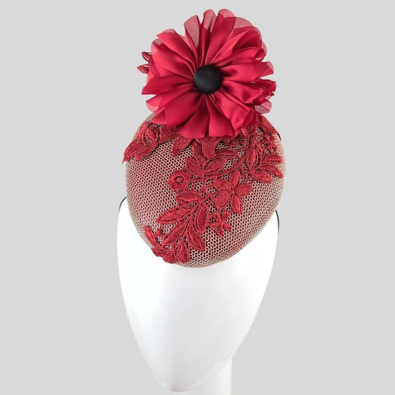 ALEXA Red Leather Mini Hat | Gold Mesh & Lace Flower  display picture 1