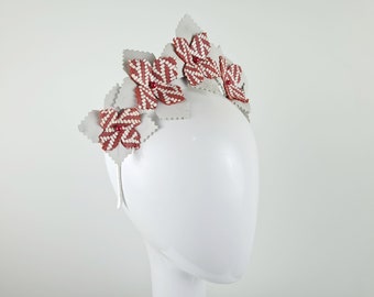 White & Red Crown, Red and White Fascinator, Headpiece, Melbourne Cup Fascinator, Leather Crown, Red and White Millinery - SIMONE