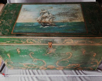 Hand painted seaman's chest storage box sailing ship scene early 20th century square rigged iron hinges gold gilt decorations