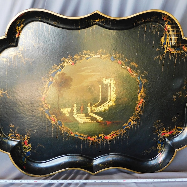 Antique papier mache serving tray 19th century classical garden painted gold