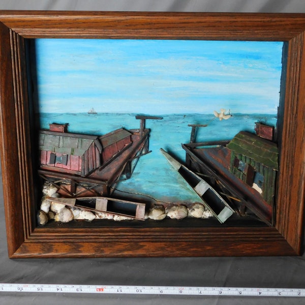Folk art diorama fishing lobster wharf seagull shells framed hand painted oil