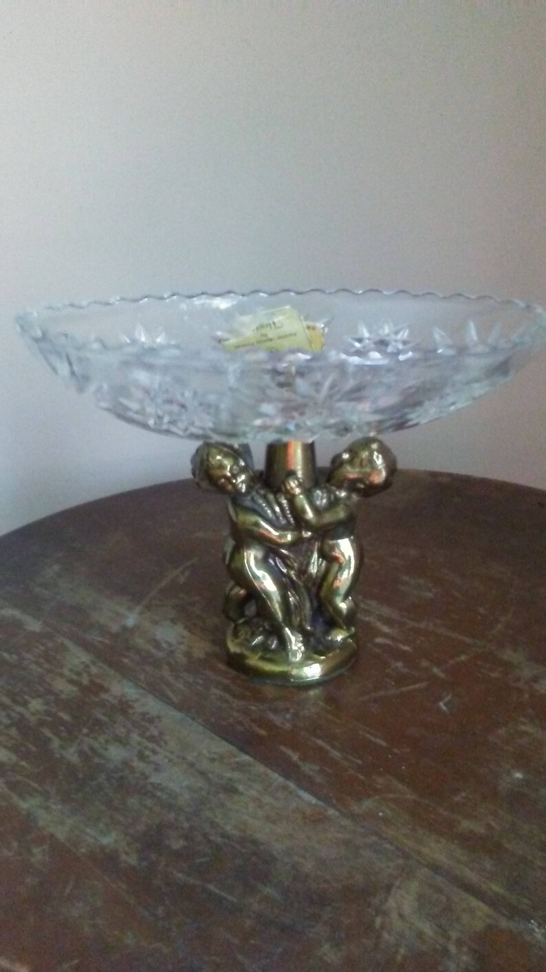 Vintage Brass Cherub Compote Glass Dish Romantic Cherub Footed Glass Bowl Victorian Candy Dish Centerpiece
