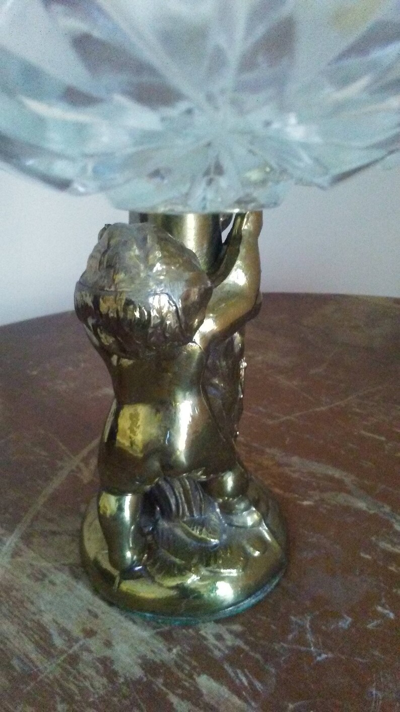 Vintage Brass Cherub Compote Glass Dish Romantic Cherub Footed Glass Bowl Victorian Candy Dish Centerpiece