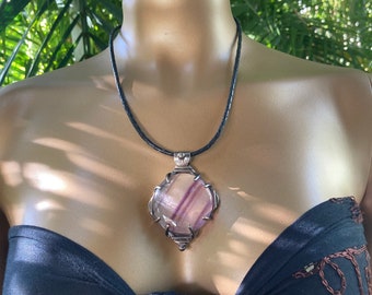 Fluorite and sterling silver pendant on a black leather chain. Handcrafted pendant, silver jewelry
