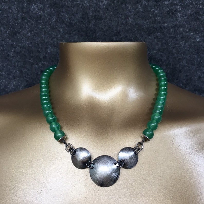 Green beads Green Agate bead necklace with Silver domes