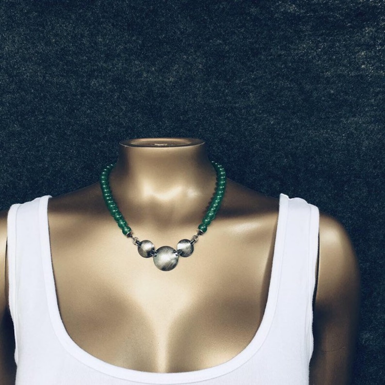 Green beads Green Agate bead necklace with Silver domes