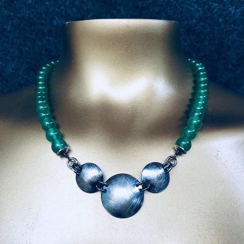 Green beads Green Agate bead necklace with Silver domes