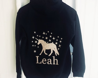 Girls' Personalised UNICORN Hoodie/Activity Hoodie/ Personalised Hoodie/Personalized Hoodie/ Birthday Gift/Black/ Pink/Purple/Gift for Girl