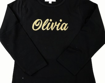 Girls Sparkly Vinyl Personalised Black T Shirt, Birthday Outfit, Party Top, Gold, Gift for Her