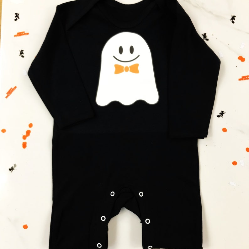 PERSONALISED GHOST HALLOWEEN Baby Romper, Black Long Sleeve, Boys, Kids, Girls, Baby, Dress Up Ghost Costume, Trick or Treat Party Outfit image 2