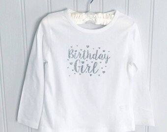 Girl's 'Birthday Girl' White T Shirt/Long or Short Sleeve/Birthday Party/Birthday Outfit/Silver Glitter/Birthday Gift for Girl