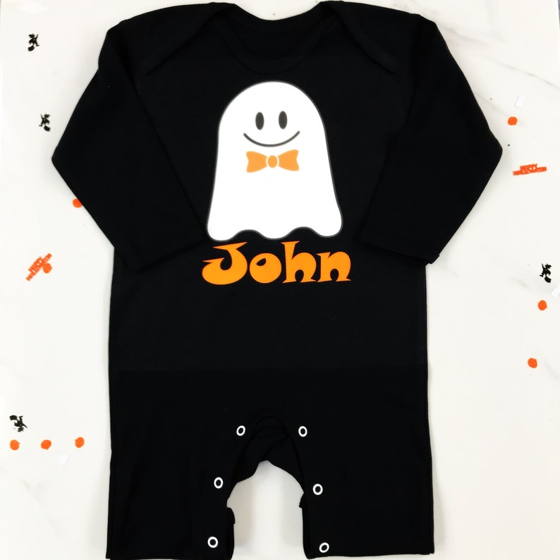 PERSONALISED GHOST HALLOWEEN Baby Romper, Black Long Sleeve, Boys, Kids, Girls, Baby, Dress Up Ghost Costume, Trick or Treat Party Outfit image 1