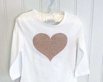 Girls Glitter Love Heart White or Black T Shirt, Long/Short Sleeve, heart in Leopard, Snakeskin, Rose Gold, Rainbow Oil, Rose Gold Glitter