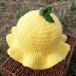 Lemon Bucket hat lemony meringue themed crochet cottagecore fruit hat strawberry shortcake friends garden fairy hat soft yellow apple red