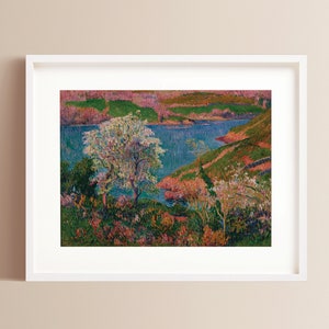 May include: A painting of a landscape with a river winding through it. The river is a bright blue and the surrounding land is a mix of green, brown, and pink. There are trees on both sides of the river, and the sky is a pale blue.