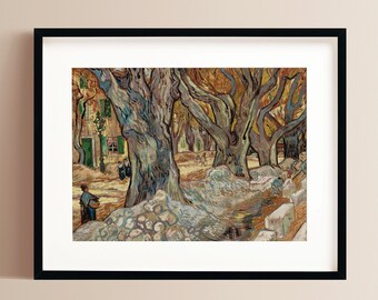 Könnte beinhalten: Ein Gemälde, das eine Reihe von Bäumen mit dicken Stämmen und Ästen zeigt, gemalt in einem Stil, der an Vincent van Gogh erinnert. Die Bäume stehen auf einem Feld mit einem kleinen Gebäude im Hintergrund. Das Gemälde ist in Braun-, Grün- und Blautönen gehalten.
