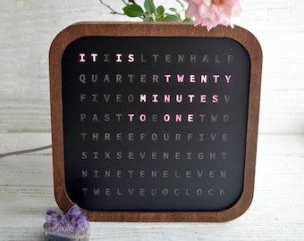 Wooden Word Clock, LED Clock, Modern Desk Clock, USB Clock, Handmade English Word Clock