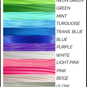 May include: A color chart titled COLOR OPTIONS Creation Bay displaying horizontal strands of 3D printing filament in red, orange, yellow, light green, neon green, green, mint, turquoise, transparent blue, blue, purple, white, light pink, pink, beige, glow, gray, black, brown, gold, and silver.