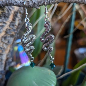 Może przedstawiać: Srebrne kolczyki w kształcie węża z misternymi detalami łusek. Każdy kolczyk ma serpentynowy wzór, zwisający z haczyka z małym, szmaragdowozielonym kryształkiem. Rozmyte tło z naturalnymi elementami.