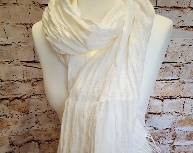 Handmade 100% Softened Linen Unisex White Scarf Wrap. Gift Box Option Available.