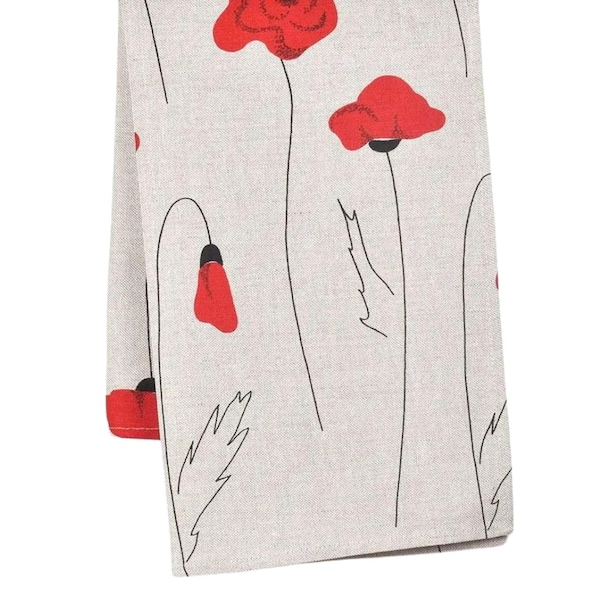 Handmade Linen Cotton Tea Towel: Poppies Kitchen Dish Towel