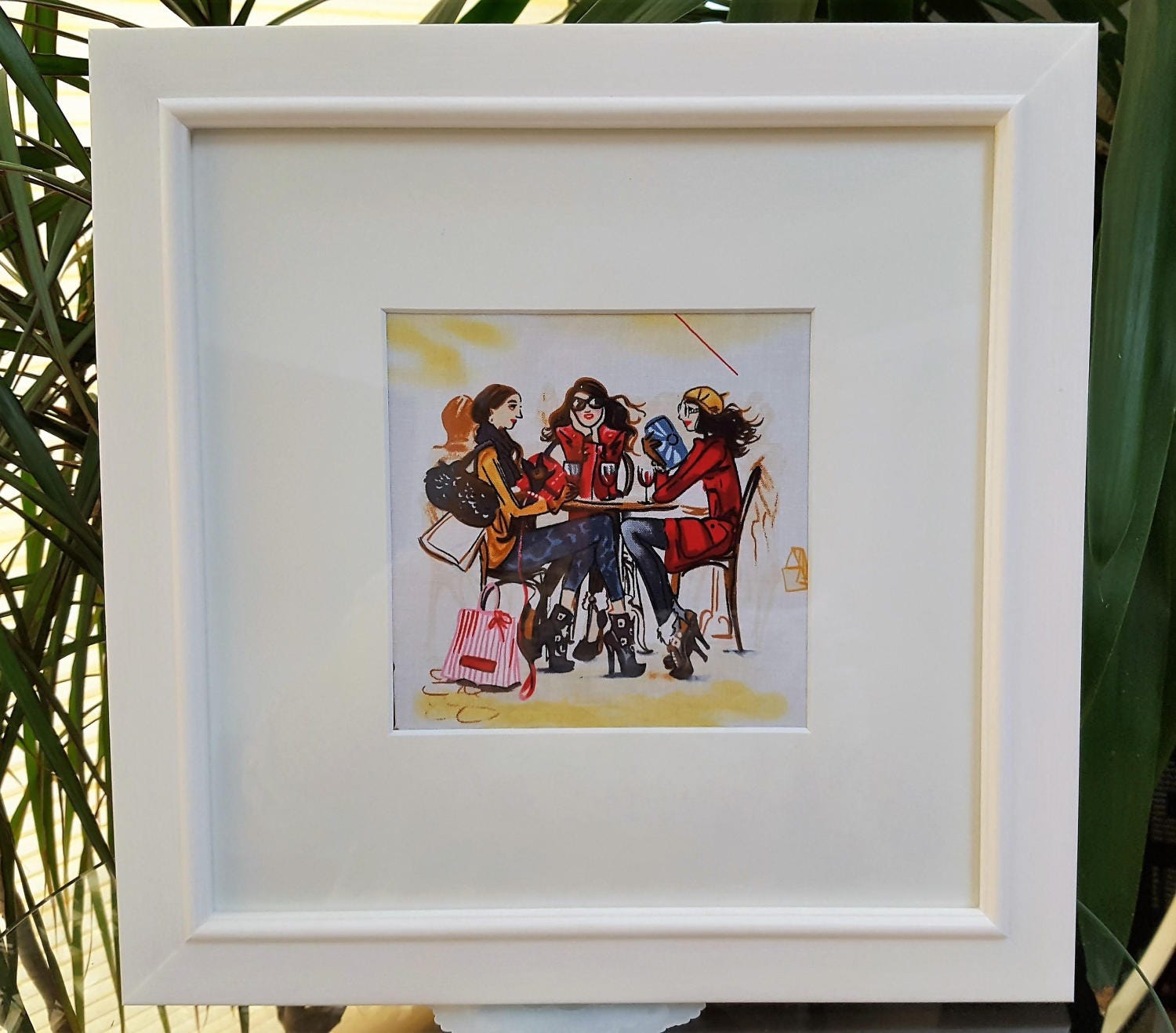Textile Art Handmade Decorative Girls At Cafe Fabric Picture Image 0