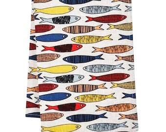 Handmade Linen Cotton Tea Towel: Sardines Print Kitchen Dish Towel