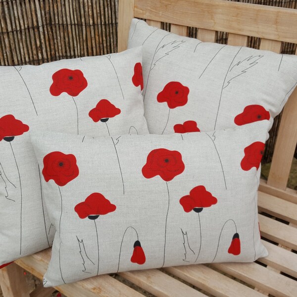 Handmade Linen Cotton Poppy Design Cushion Covers Set of Two Covers 45cmx45cm.
