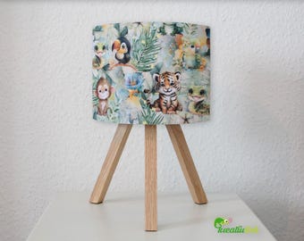 Lampada da tavolo in legno, lampada da comodino "Jungle Party" scimmia tigre pappagallo coccodrillo