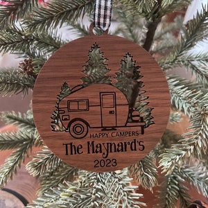 Happy Camper Ornament. Personalized Camping Ornament. Camper decor. RV Decor. Family Trip Gift. Road Trip. Outdoorsman, Ornament for Campers image 1