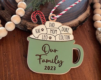 Hot Cocoa Marshmallow Mug Ornament, Family Personalized Christmas Ornament, Custom Ornament up to 11 names, Family of 6, Family of 7, 8, 9