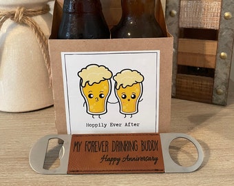Personalized Engraved Leather Bottle Opener and 4-Pack Beer Carton Set - Unique Anniversary Gift