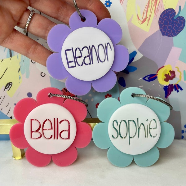 Daisy Bag Tag, custom name Keychain Tag Girl Bag Tag, Diaper Bag Tag, Lunch Box Tag, Party favor gift bag, Backpack tag, gifts under 15