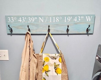 3ft (36") Custom Coat Rack Hanger GPS Coordinates - Longitude and Latitude Sign - Housewarming - Entryway Sign - Top Seller - Mudroom Coat