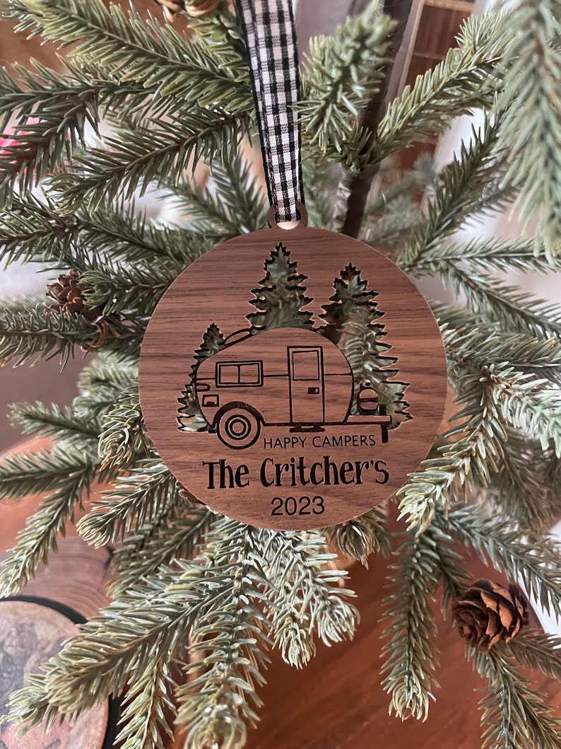 Happy Camper Ornament. Personalized Camping Ornament. Camper decor. RV Decor. Family Trip Gift. Road Trip. Outdoorsman, Ornament for Campers image 2