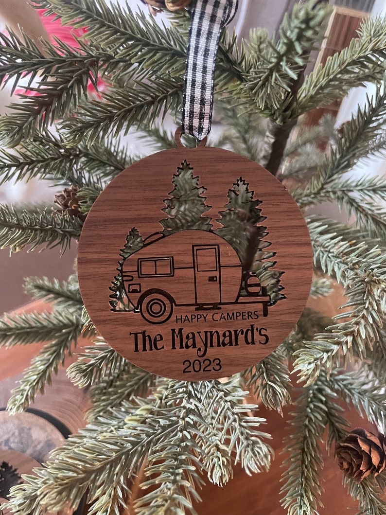 Happy Camper Ornament. Personalized Camping Ornament. Camper decor. RV Decor. Family Trip Gift. Road Trip. Outdoorsman, Ornament for Campers image 1