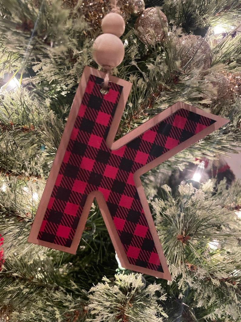 Initial Ornament, Buffalo Plaid Christmas Ornament, Family Last Name Initial, Christmas Ornament, Cheetah Ornament, Letter Ornament image 1