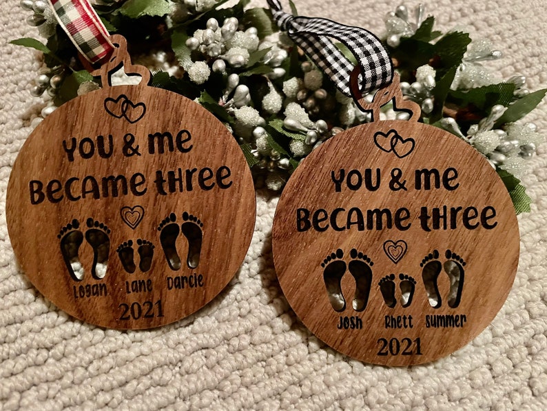 You and me became three. custom new baby ornament 2024. first baby ornament. First baby ornament. Family ornament. new mom and dad ornament. image 7
