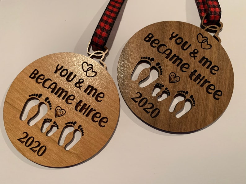 You and me became three. custom new baby ornament 2024. first baby ornament. First baby ornament. Family ornament. new mom and dad ornament. image 9